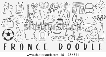 France Doodle Line Art Illustration. Hand Drawn Vector Clip Art. Banner Set Logos.