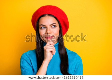 Closeup photo of amazing latin traveler lady look side empty space dreamer wear modern red beret hat blue turtleneck jumper isolated bright yellow color background