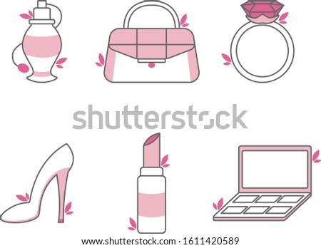 Icon set of female beauty accessories in pink colors: perfume, women bag, diamond ring, stilettos, lipstick, eyeshadow palette.