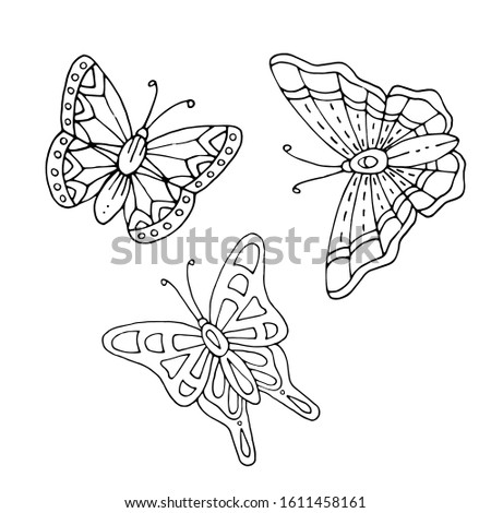 Set of butterflies for coloring page. Circuit. Freehand doodle illustration.
