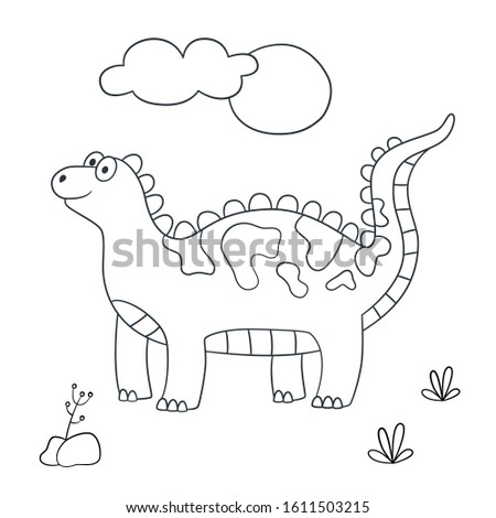Cute dinosaur. Dino. Vector illustration in doodle and cartoon style for coloring books and prints. Hand drawn. Black and white