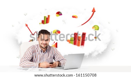 Handsome young businessman with cloud in the background containing colorful graphs and diagrams