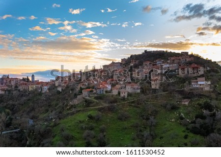 Beautiful view of Dimitsana village, greece in long exposure photography with beautiful colored sky