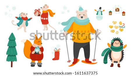 Winter holiday symbols bundle. Christmas celebration vector illustrations set. Cute animals isolated characters on white background. EPS 8.