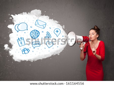 Young woman shouting into loudspeaker and modern blue icons and symbols come out