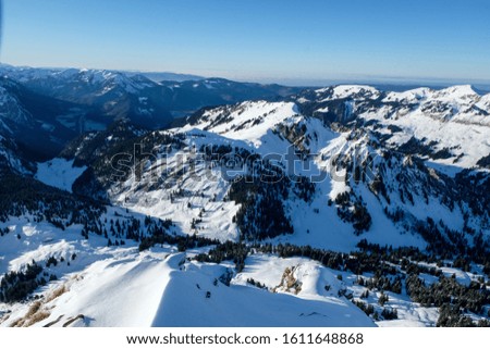 Top Mountain view from the Diedamskopf over the  snow covered winter Mountains off Vorarlberg, Bregenzerwald, Vorarlberg, Austria, Europe