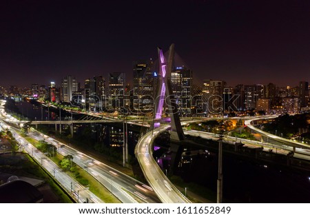 The Octavio Frias de Oliveira bridge or Ponte Estaiada cable stayed suspension bridge built over the Pinheiros River in the city of Sao Paulo, Brazil, night
 Royalty-Free Stock Photo #1611652849