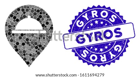 Mosaic meal marker icon and rubber stamp watermark with Gyros phrase. Mosaic vector is designed with meal marker icon and with scattered spheric items. Gyros seal uses blue color, and rubber texture.