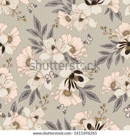 Seamless vector pattern with poppies and clementis flowers, lace leaves on a grid background