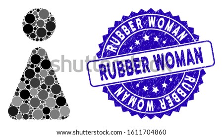 Mosaic woman icon and corroded stamp watermark with Rubber Woman text. Mosaic vector is composed with woman icon and with random round elements. Rubber Woman stamp seal uses blue color,