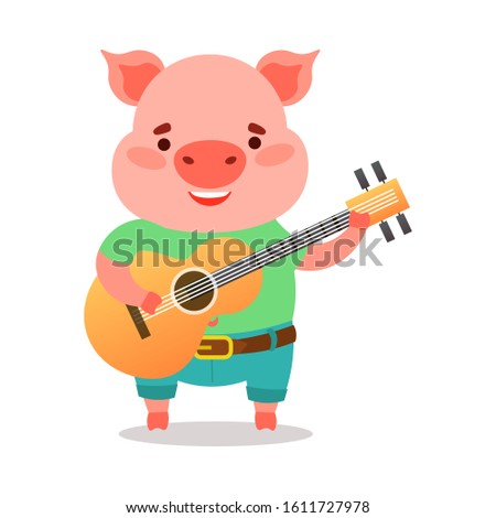 Cute pink piglet in green t-shirt playing guitar. Vector illustration isolated on white background