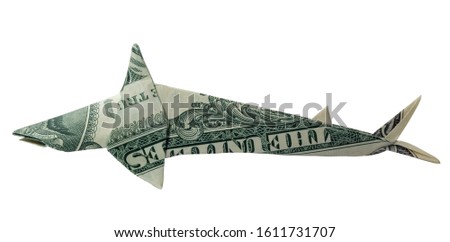 Money Origami Great White SHARK Folded with Real One Dollar Bill Isolated on White Background