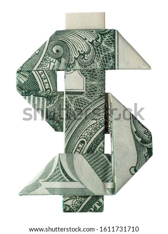 Money Origami 1 DOLLAR SIGN High Resolution Peso Symbol Folded with Real One Dollar Bill Isolated on White Background