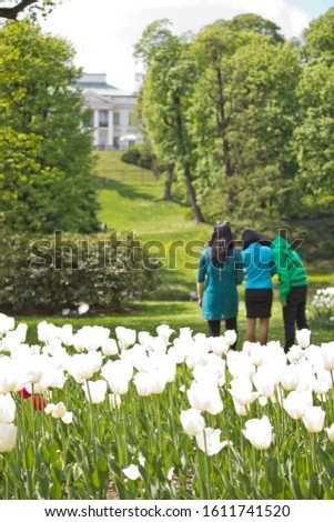 Three women taking a picture in a green garden