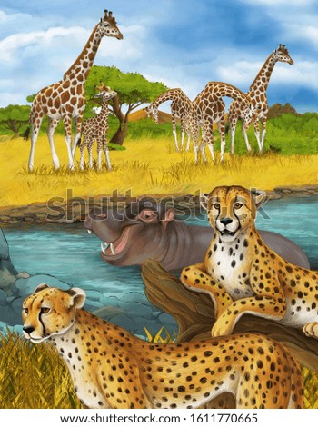cartoon scene with cheetah resting near the river and hippo swimming illustration for children