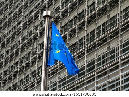 European Flag in front of the European Commission Headquarters building in Brussels, Belgium, Europe

