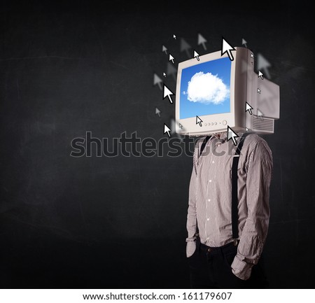 Business man with a monitor on his head, cloud system and pointers on the screen on a dark background