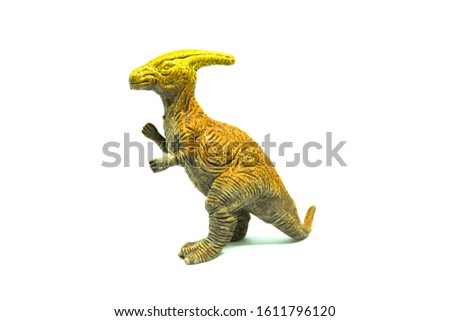 Closeup Image of Parasaurolophus Plastic Dinosaurs Toy Isolated on White Background. Age of Extinction.