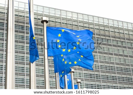 European Flags in front of the European Commission Headquarters building in Brussels, Belgium, Europe
