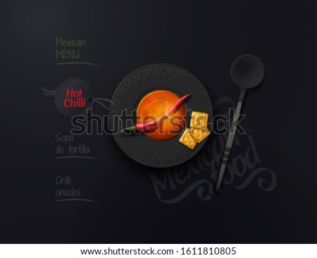 Mexican food. Plate of mexican tomato soup with snacks. Red pepper in a bowl of soup. Mexican cuisine. Vector illustration of a top view.