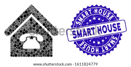 Mosaic phone station icon and corroded stamp seal with Smart House phrase. Mosaic vector is formed with phone station icon and with scattered round elements. Smart House seal uses blue color,