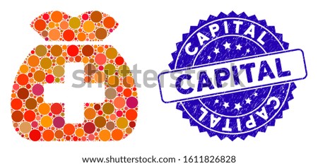 Mosaic medical capital fund icon and distressed stamp seal with Capital text. Mosaic vector is created from medical capital fund icon and with random spheric items. Capital stamp seal uses blue color,