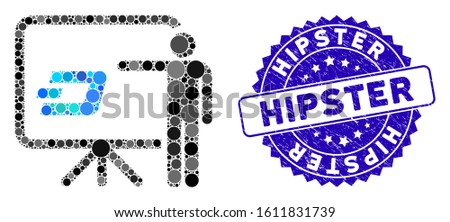 Collage Dash board presentation person icon and rubber stamp seal with Hipster phrase. Mosaic vector is composed with Dash board presentation person icon and with randomized round spots.