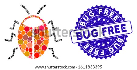 Mosaic bug icon and grunge stamp seal with Bug Free phrase. Mosaic vector is created with bug icon and with random circle items. Bug Free seal uses blue color, and grunge texture.