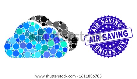 Mosaic clouds icon and rubber stamp watermark with Air Saving text. Mosaic vector is formed with clouds icon and with random spheric items. Air Saving stamp uses blue color, and rubber surface.