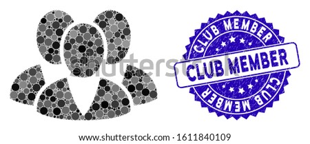 Mosaic clients icon and distressed stamp watermark with Club Member phrase. Mosaic vector is created with clients pictogram and with random spheric elements. Club Member stamp seal uses blue color,