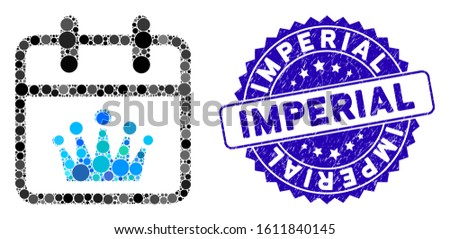 Mosaic king day icon and rubber stamp seal with Imperial text. Mosaic vector is composed with king day pictogram and with scattered circle spots. Imperial stamp seal uses blue color,