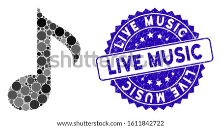 Mosaic musical note icon and distressed stamp seal with Live Music caption. Mosaic vector is created from musical note icon and with random spheric items. Live Music stamp seal uses blue color,