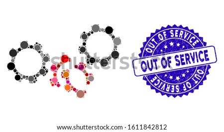 Collage gears damage icon and grunge stamp seal with Out of Service caption. Mosaic vector is formed with gears damage icon and with scattered circle items. Out of Service stamp seal uses blue color,