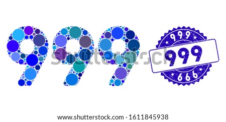 Mosaic 999 digits text icon and distressed stamp watermark with 999 caption. Mosaic vector is formed with 999 digits text icon and with scattered round items. 999 stamp seal uses blue color,