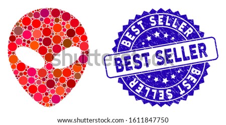 Mosaic alien head icon and distressed stamp seal with Best Seller text. Mosaic vector is formed with alien head icon and with random spheric elements. Best Seller seal uses blue color,