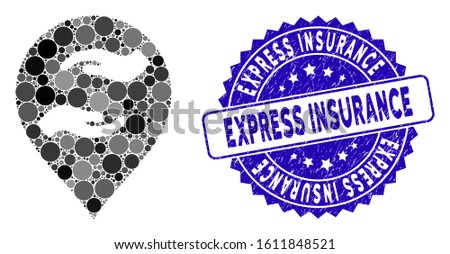 Mosaic care hands marker icon and grunge stamp watermark with Express Insurance text. Mosaic vector is composed with care hands marker icon and with randomized round spots.