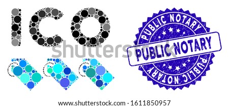 Mosaic ICO tokens icon and distressed stamp seal with Public Notary phrase. Mosaic vector is created with ICO tokens icon and with random round spots. Public Notary seal uses blue color,