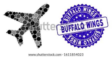 Mosaic plane icon and grunge stamp seal with Buffalo Wings text. Mosaic vector is designed with plane pictogram and with scattered spheric items. Buffalo Wings stamp seal uses blue color,