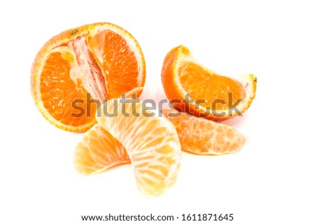 Orange mandarins,  tangerine peel or mandarin slice isolated on white background. Closeup photos of fresh citrus fruit.
