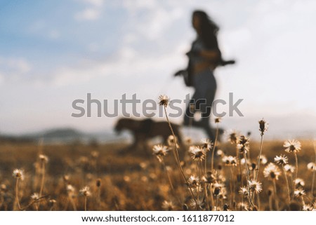 A blurred silhouette of woman that runs along with a  dog. Along with a scene in front of a hay flower.