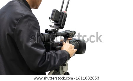 Video camera taking live video streaming on white backgroup.Clipping path