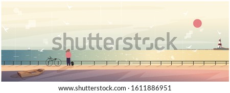 Vector illustration of spring or summer beach background. Minimalist image of Scandinavian or Nordic seaside landscape. Lighthouse,wooden boat, seagull, woman take a dog for a walk. Landscape by the sea. Royalty-Free Stock Photo #1611886951