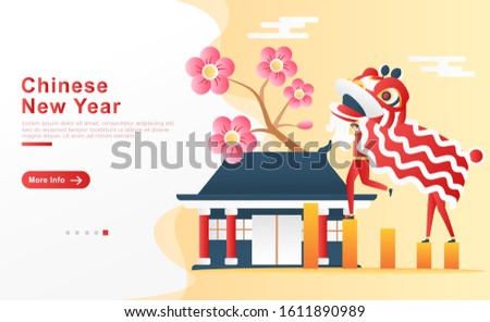 Vector illustration chinese new year. 2 men play and dance in a lion dance in front of the temple under the blooming flower, sunny weather. for homepage, UI UX, header, flyer, apps. Flat cartoon style