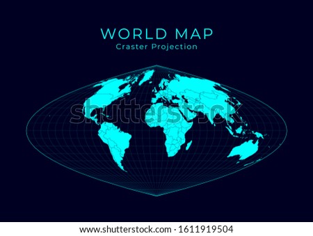 Map of The World. Craster parabolic projection. Futuristic Infographic world illustration. Bright cyan colors on dark background. Trendy vector illustration.