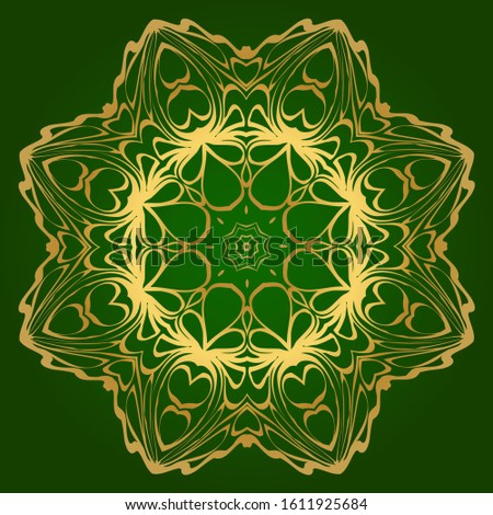 Art Deco Pattern Of Round Floral Mandala.  Illustration. Design For Printing, Presentation, Textile Industry. Green, gold color.