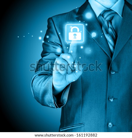 secure system data access concept. Businessman toch lock. Net secure sign.