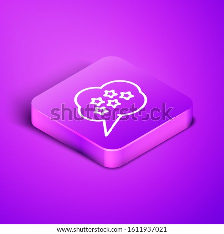 Isometric line Five stars customer product rating review icon isolated on purple background. Favorite, best rating, award symbol. Purple square button. Vector Illustration