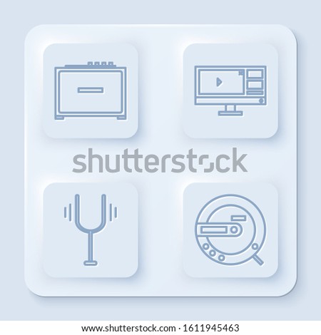 Set line Guitar amplifier, Video recorder or editor software on monitor, Musical tuning fork and Music CD player. White square button. Vector