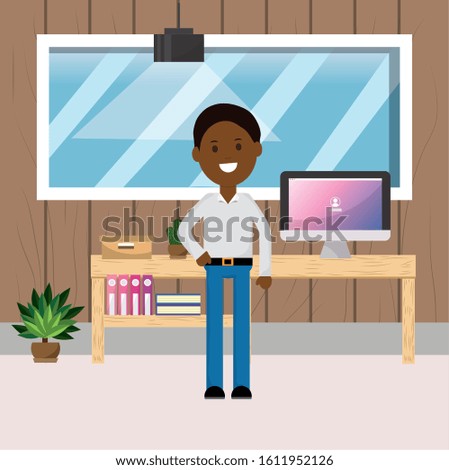 afro american business man office desk computer books plant vector illustration