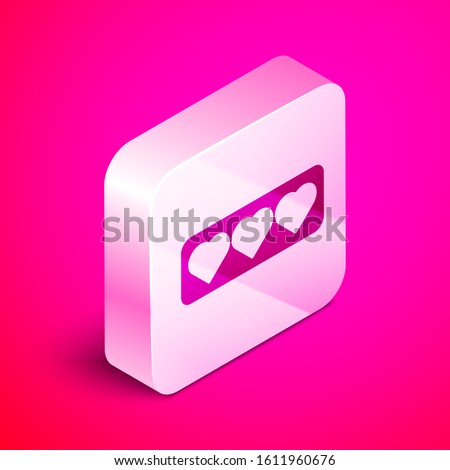 Isometric Like and heart icon isolated on pink background. Counter Notification Icon. Follower Insta. Silver square button. Vector Illustration